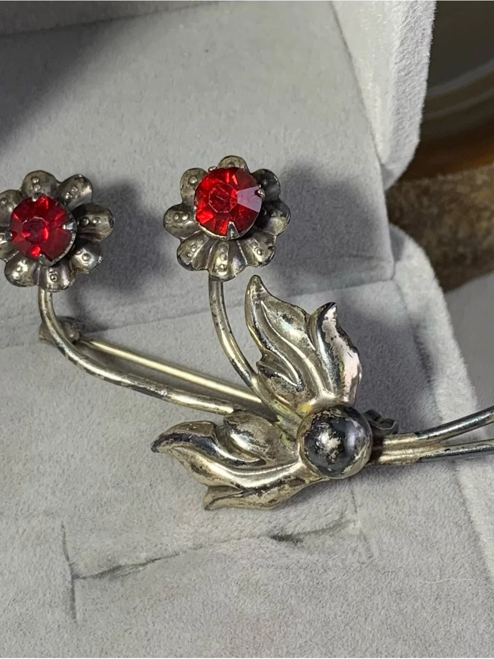 Vintage Sterling Silver Floral Brooch with Red Rhinestone Centers.Lang Sterling